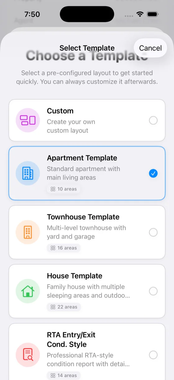 EzyInsp template chooser with apartment, townhouse and house area layouts