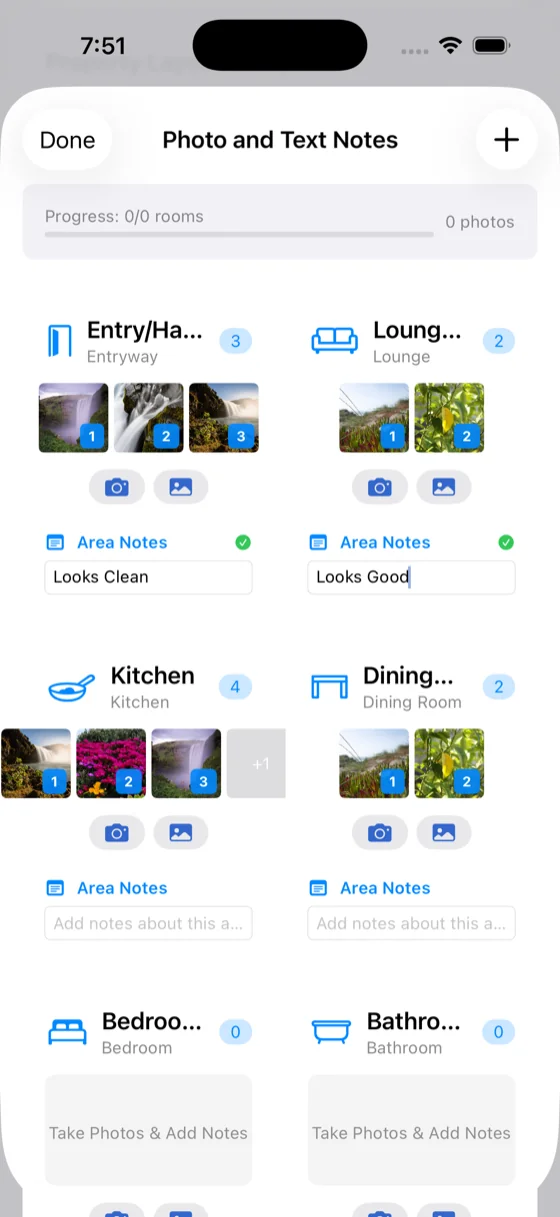 EzyInsp photo and text notes screen with photos and notes per area
