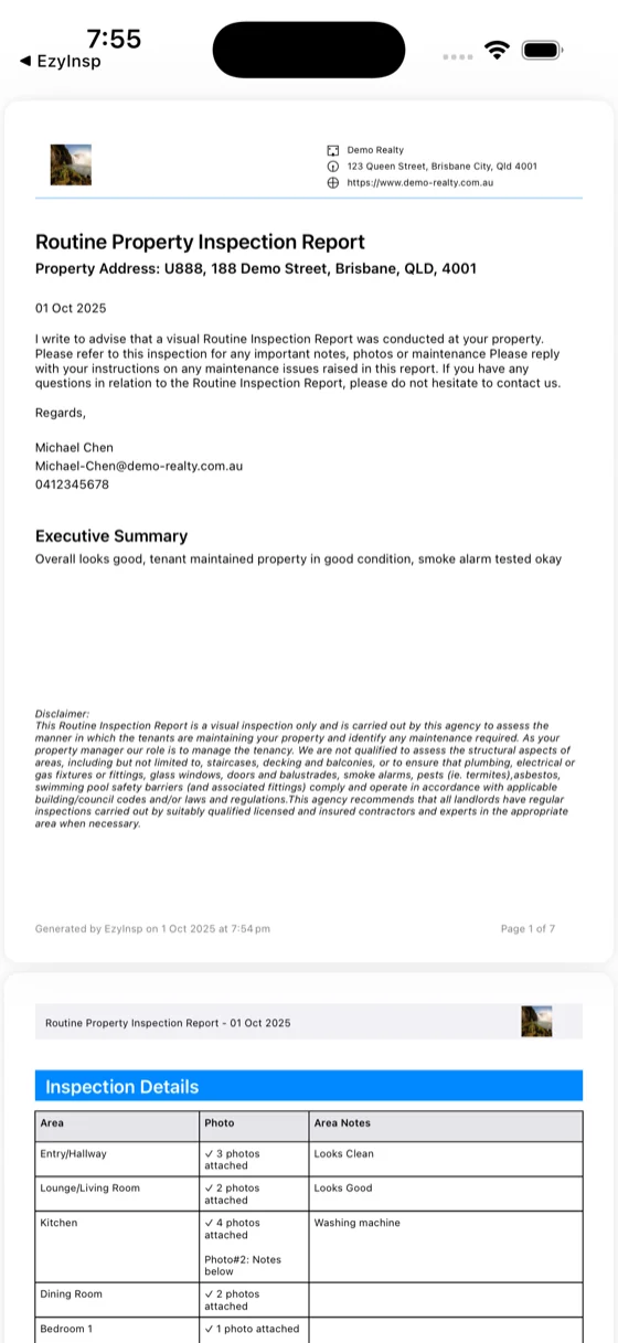 A finished EzyInsp routine inspection PDF report viewed on the iPhone